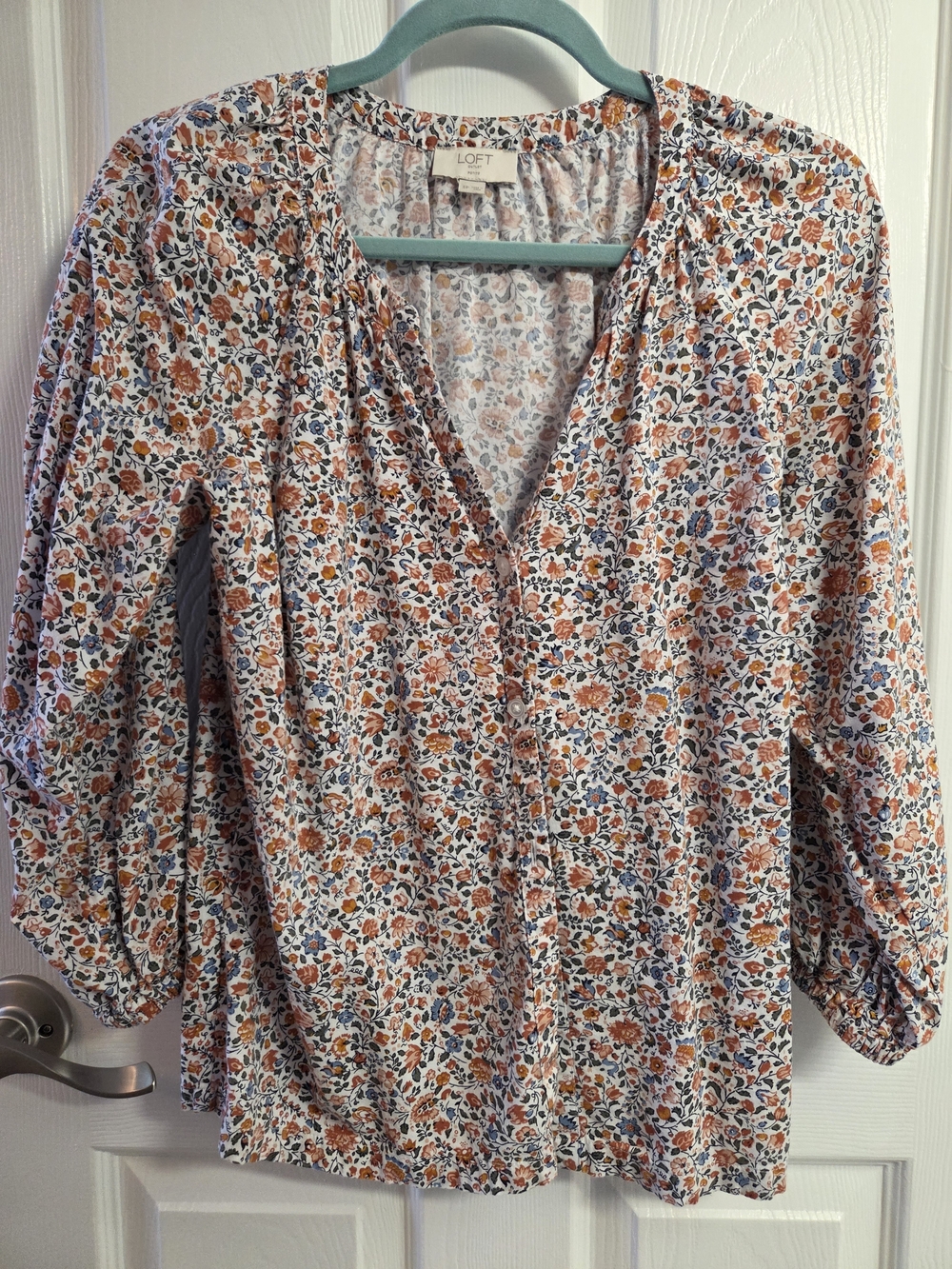 LOFT White Floral V-Neck Blouse with Orange and Blue Flowers